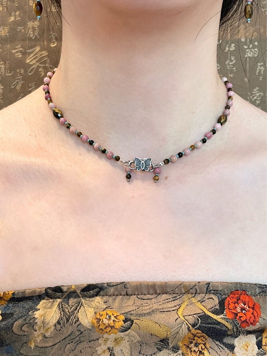 Natural Pink Stones Beaded Butterfly Necklace