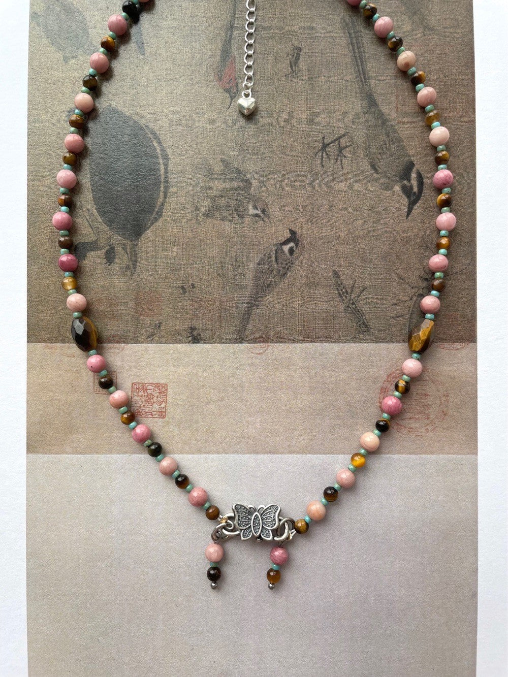 Natural Pink Stones Beaded Butterfly Necklace