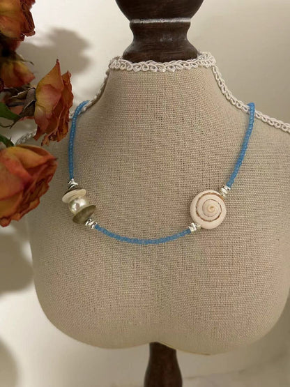 Natural Shell Blue Beaded Necklace