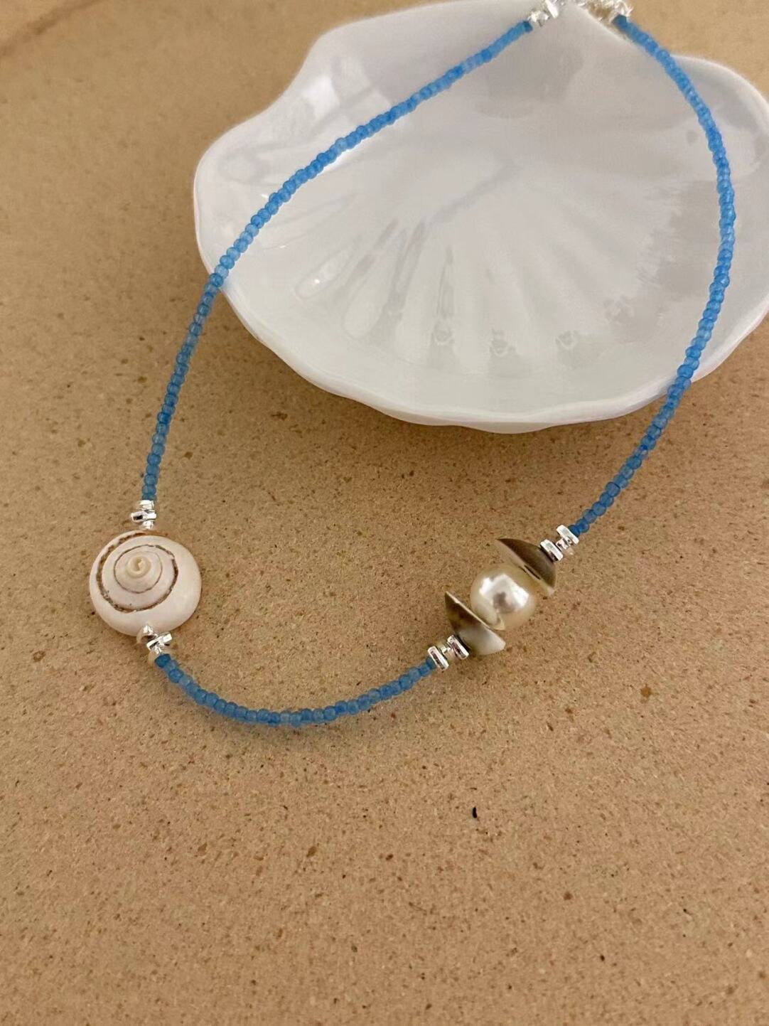 Natural Shell Blue Beaded Necklace