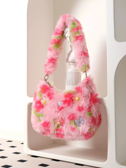 Fuzzy Y2K Floral & Bow Shoulder Bag |  | Three Fleas