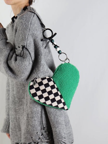 Checkerboard & Fuzzy Heart Shoulder Bag