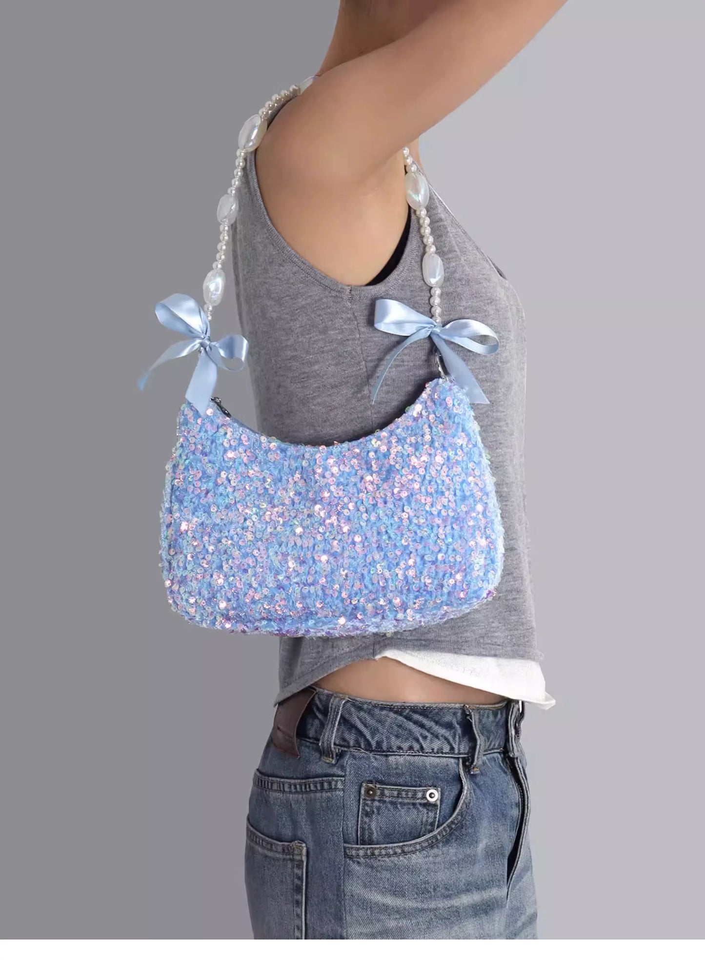 Iridescent Aqua Sequin Shoulder Bag |  | Three Fleas