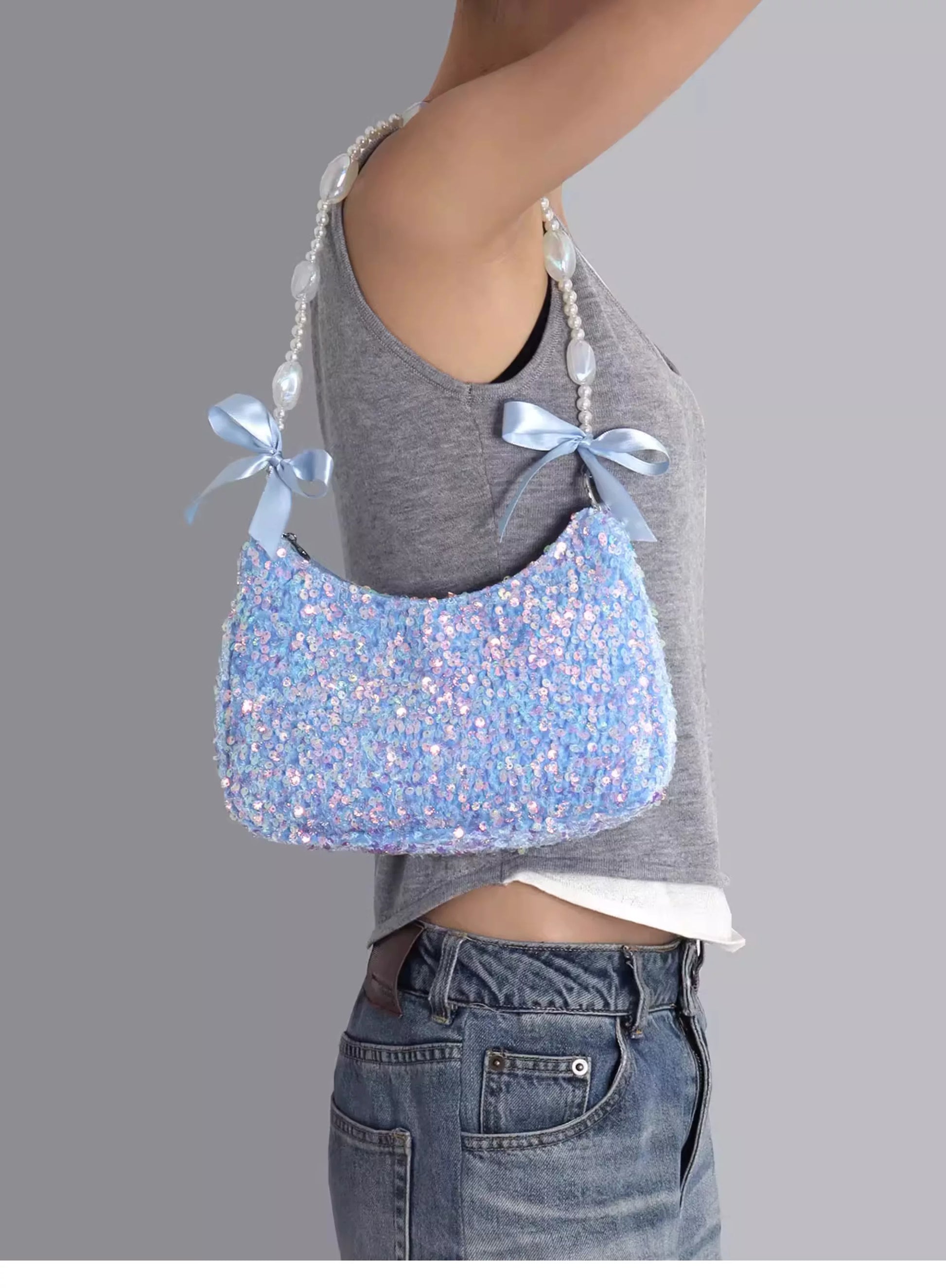 Iridescent Aqua Sequin Shoulder Bag |  | Three Fleas
