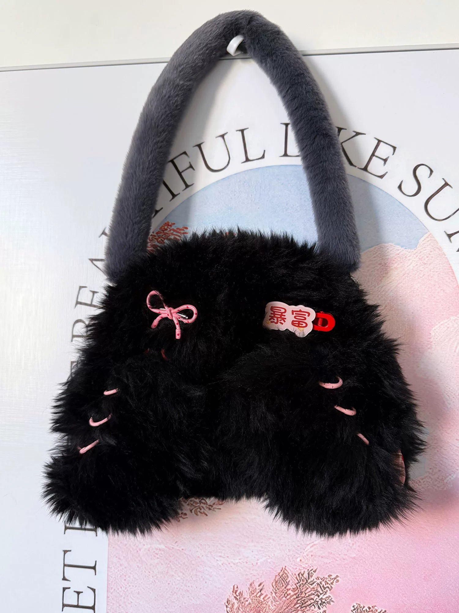 Fluffy Black Bunny Plaid Shoulder Bag |  | Three Fleas