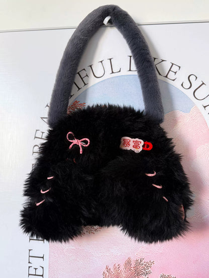 Fluffy Black Bunny Plaid Shoulder Bag |  | Three Fleas