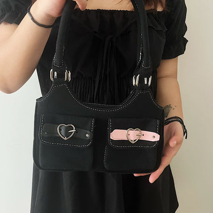 Y2k Pink Black Leather Buckle Denim Shoulder Bag