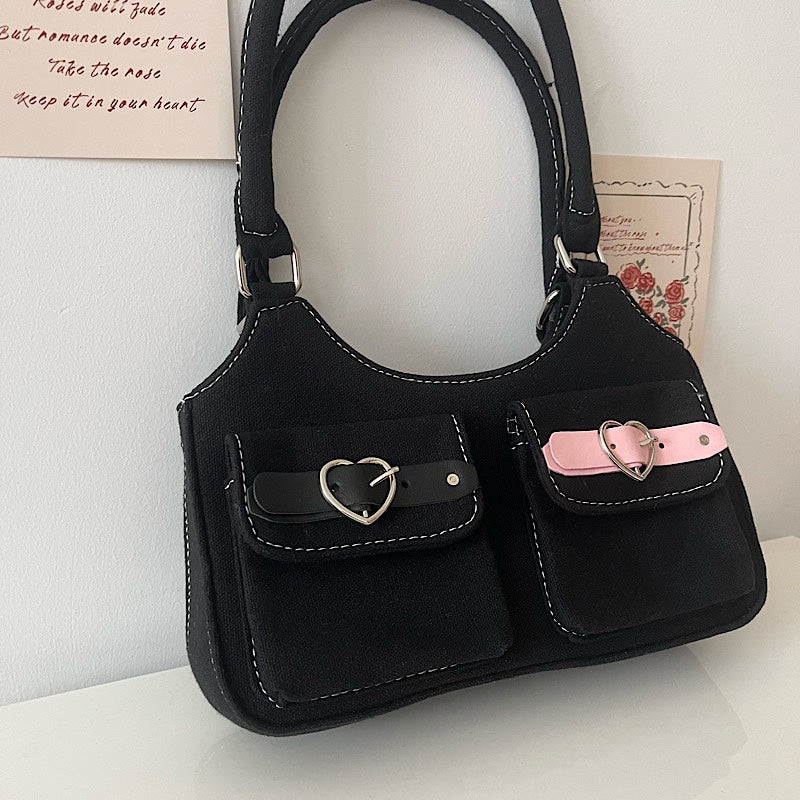 Y2k Pink Black Leather Buckle Denim Shoulder Bag