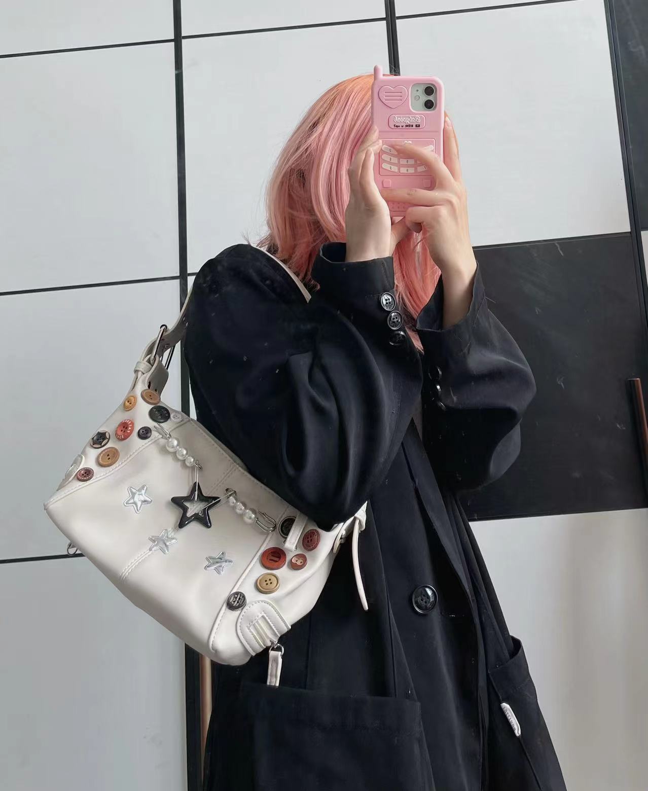 Retro Button Star Pin Shoulder Bag