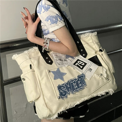 Y2k Sweet Blue Star Patchwork Tote Bag