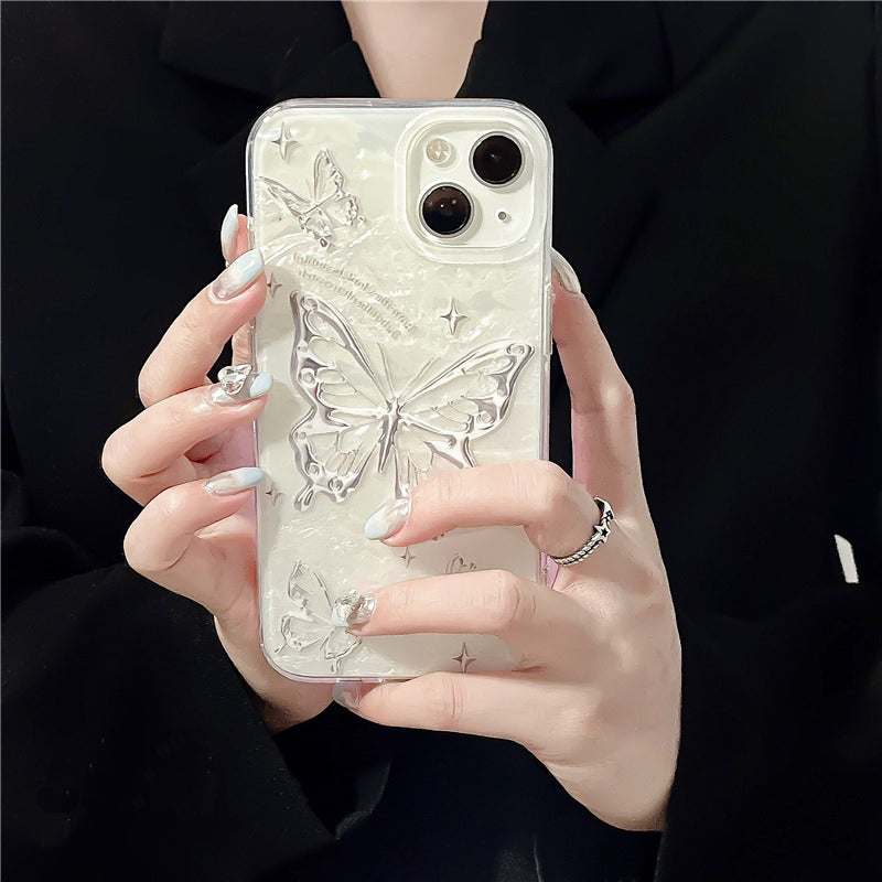 Silver butterfly shell luster phone case