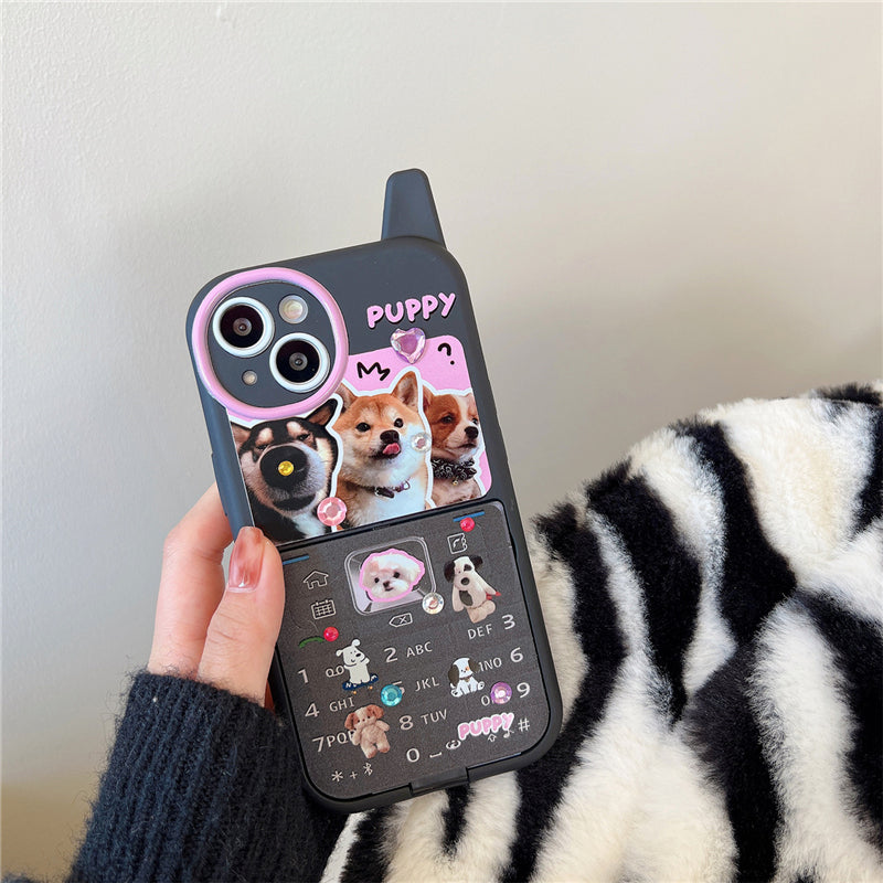 [ Meme Case ] Retro Phone Shape Kitty Puppy Flip Mirror Case