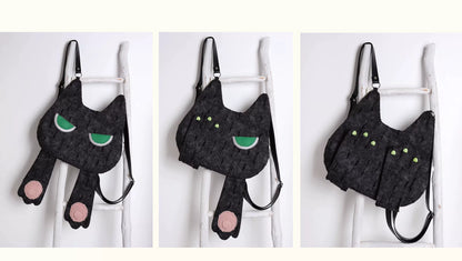 Grumpy Black Cat Convertible Backpack | Bag | Three Fleas