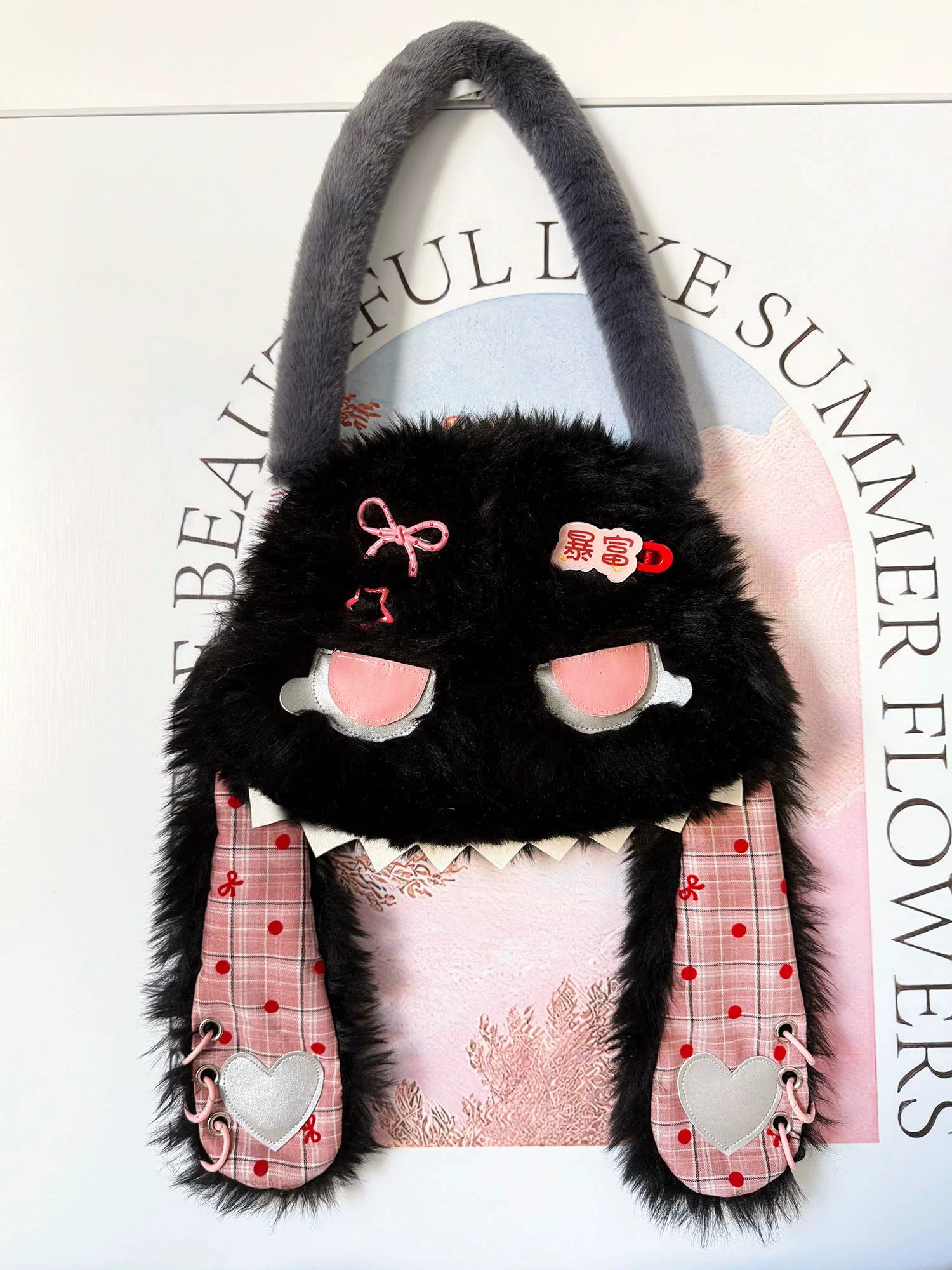 Fluffy Black Bunny Plaid Shoulder Bag |  | Three Fleas