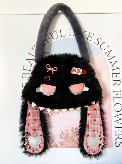 Fluffy Black Bunny Plaid Shoulder Bag |  | Three Fleas