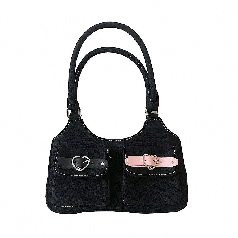 Y2k Pink Black Leather Buckle Denim Shoulder Bag