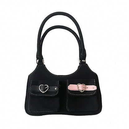 Y2k Pink Black Leather Buckle Denim Shoulder Bag