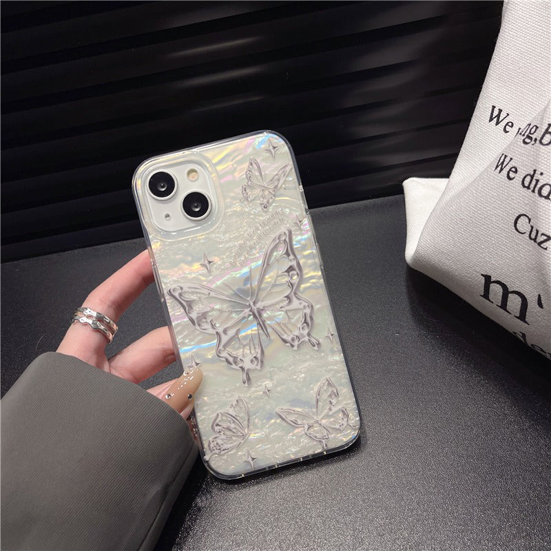 Silver butterfly shell luster phone case