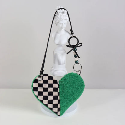 Checkerboard & Fuzzy Heart Shoulder Bag
