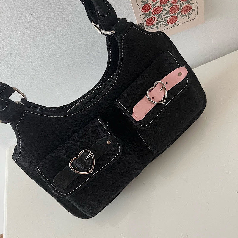 Y2k Pink Black Leather Buckle Denim Shoulder Bag