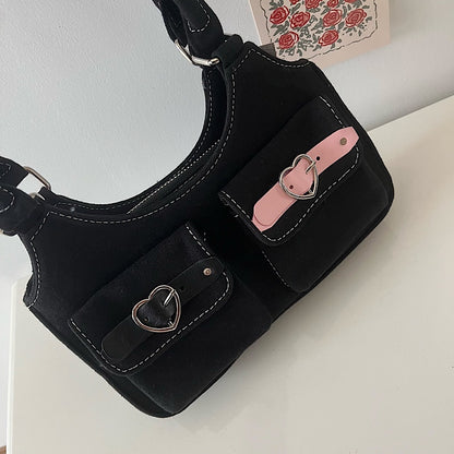 Y2k Pink Black Leather Buckle Denim Shoulder Bag