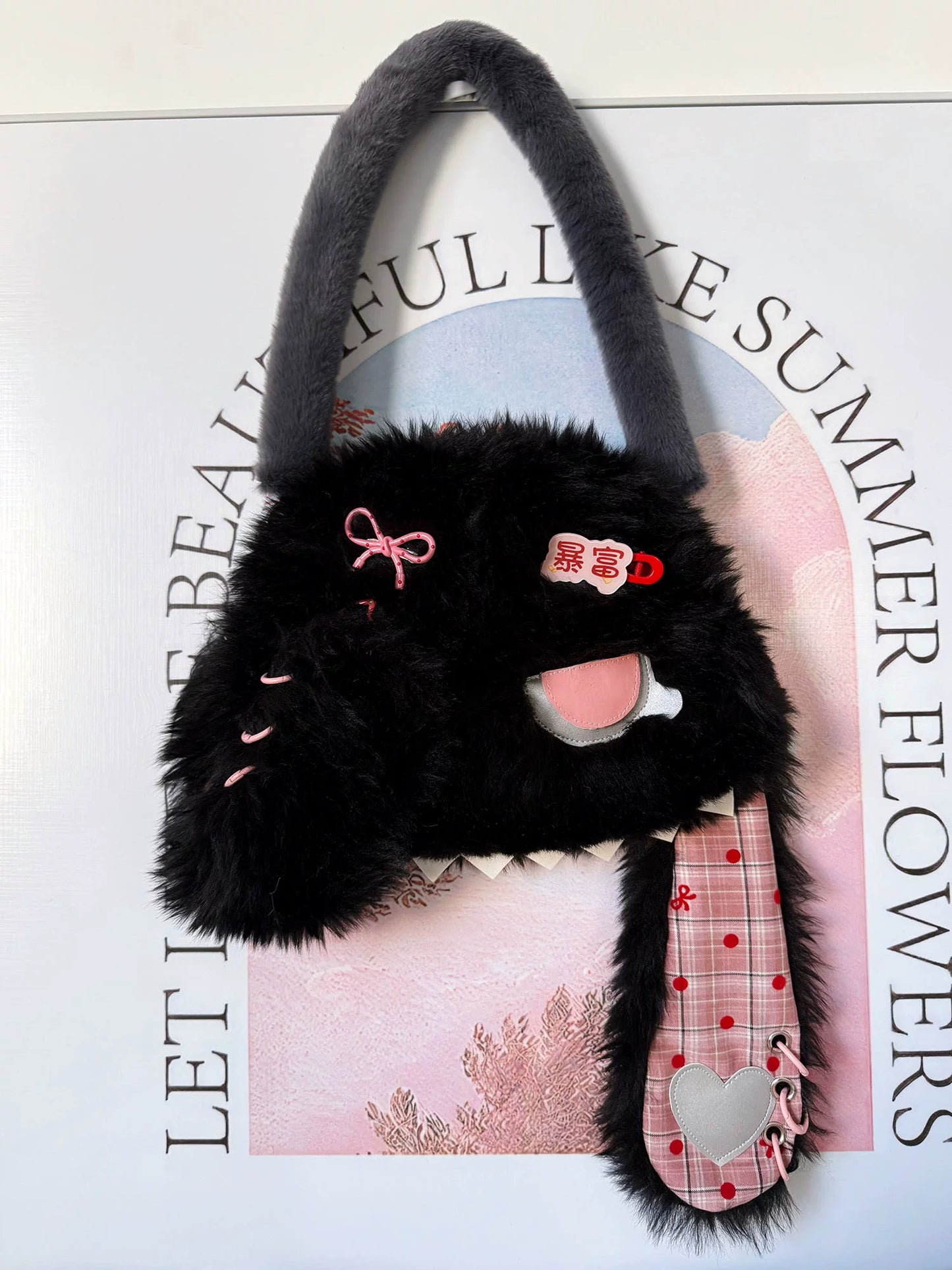 Fluffy Black Bunny Plaid Shoulder Bag |  | Three Fleas