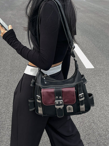 Back to School Black and Red Buckled Strap Crossbody Bag