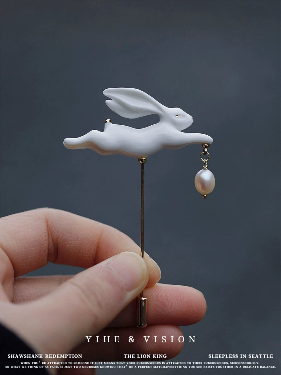 Handmade Ceramic Running Rabbit Brooch