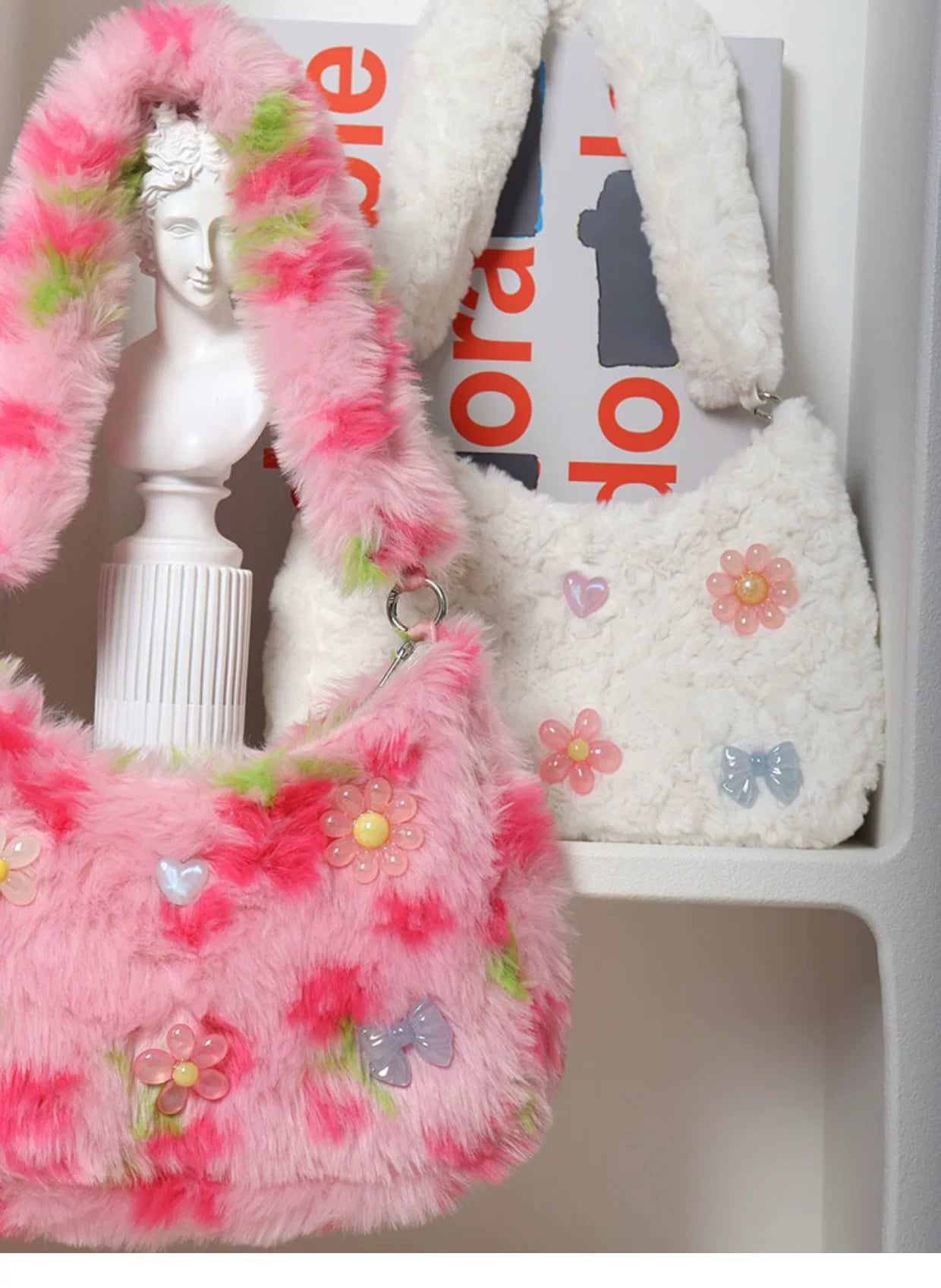 Fuzzy Y2K Floral & Bow Shoulder Bag |  | Three Fleas