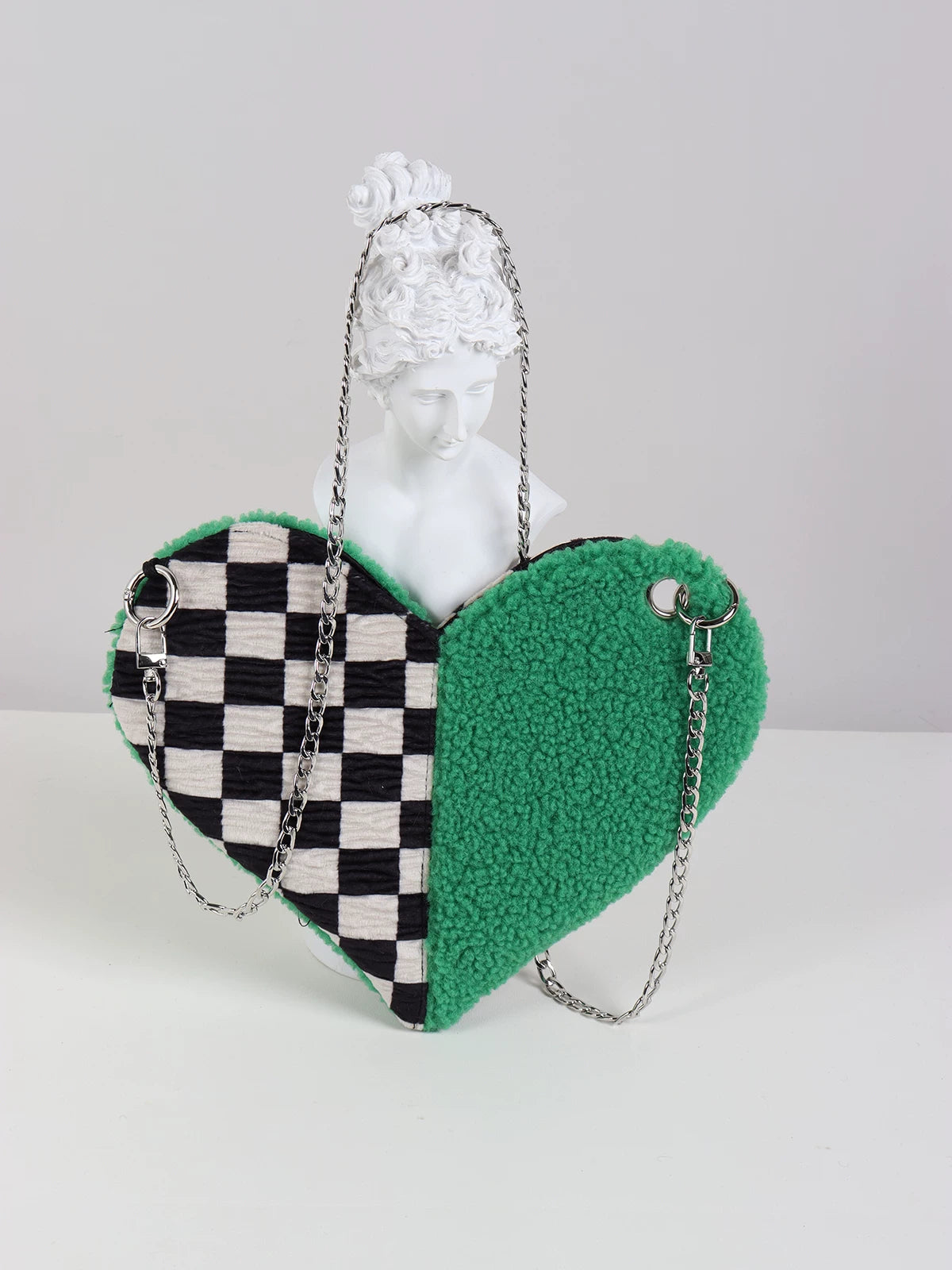 Checkerboard & Fuzzy Heart Shoulder Bag