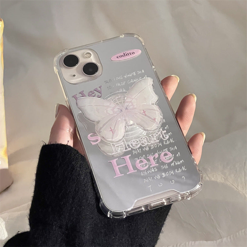 Pink slogan mirror phone case with butterfly stand