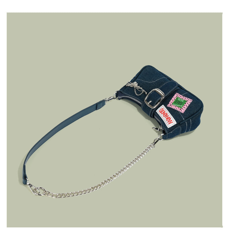 90s Revival denim chain baguette bag