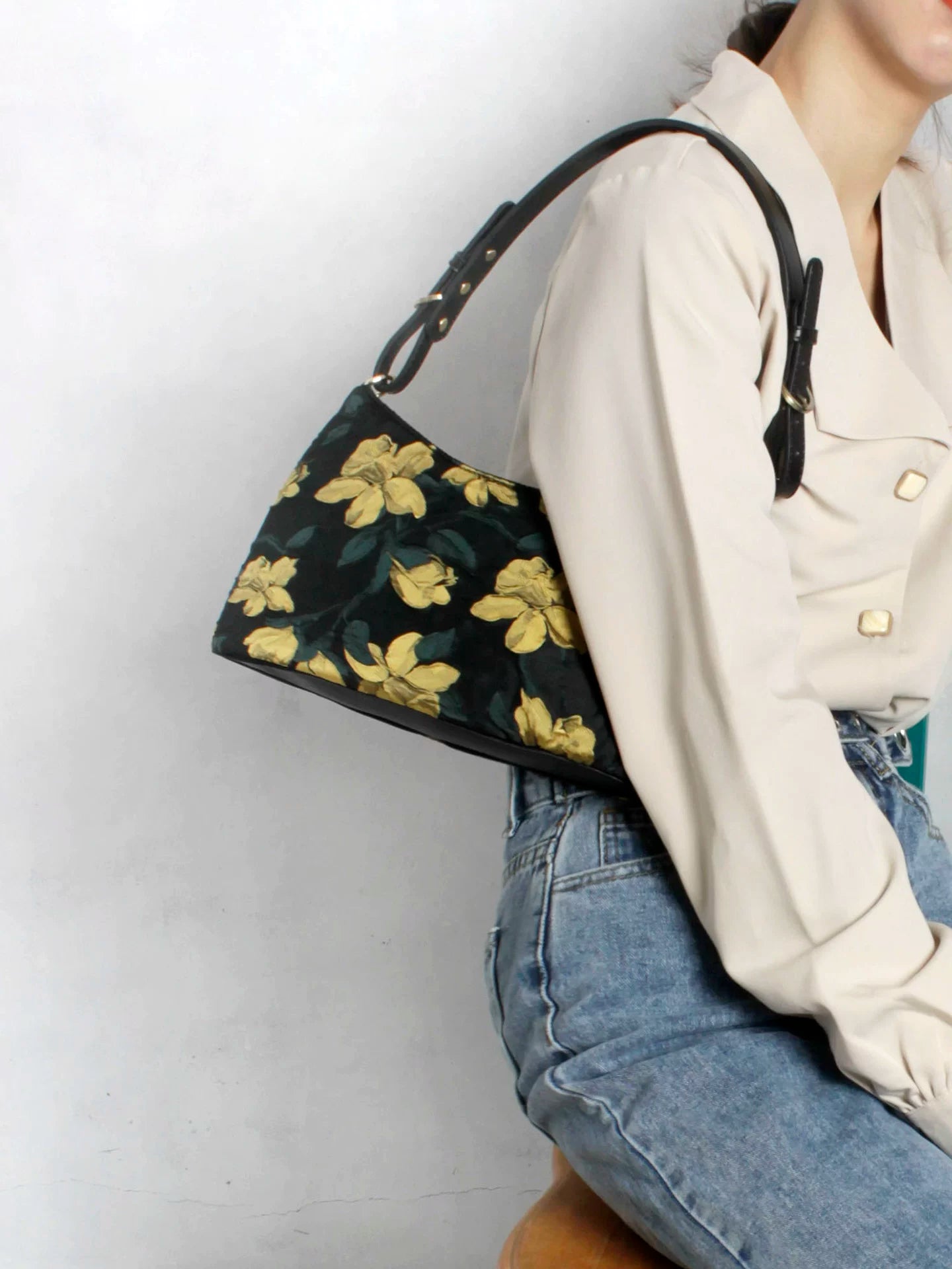 Black Floral Print Shoulder Bag | Bag | Three Fleas