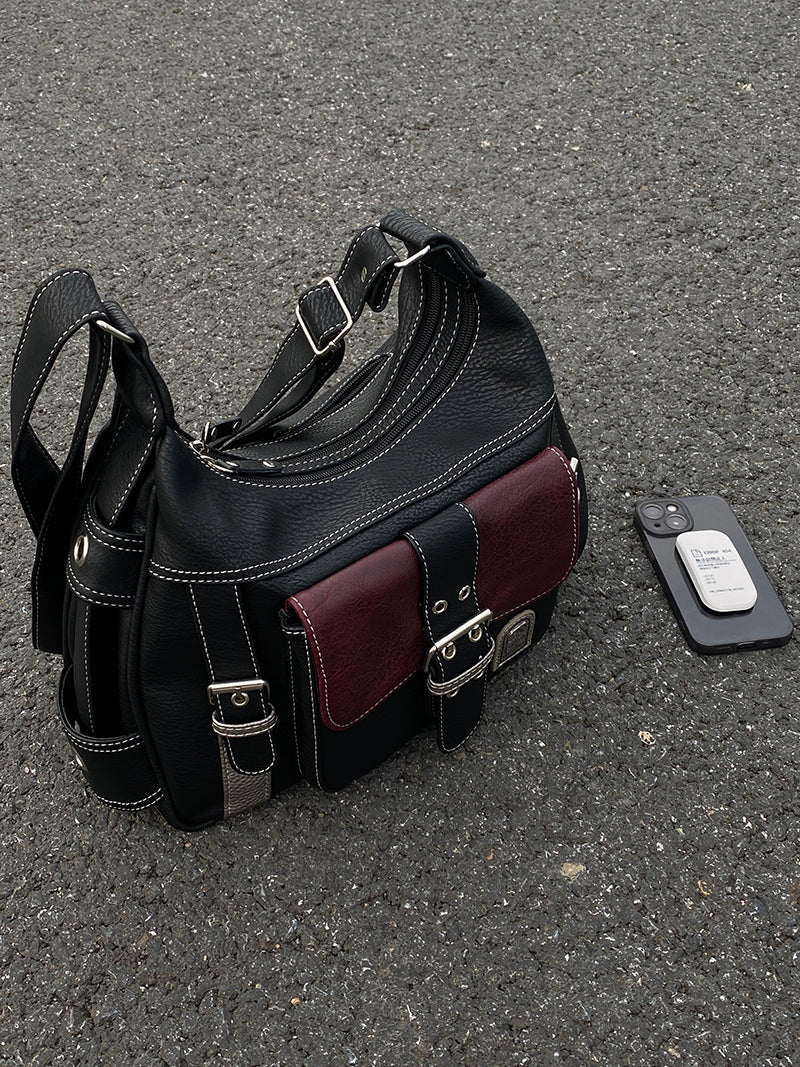 Back to School Black and Red Buckled Strap Crossbody Bag