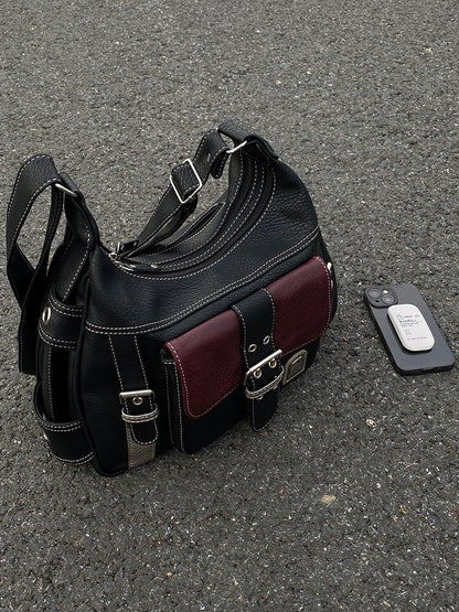 Back to School Black and Red Buckled Strap Crossbody Bag