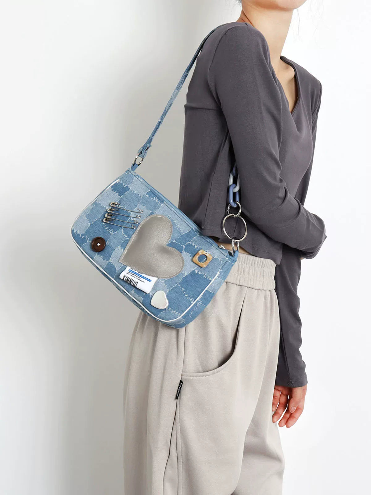 Denim Patchwork Heart Crossbody Bag | Bag | Three Fleas