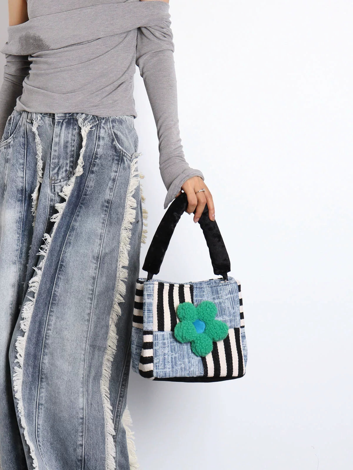 Patchwork Denim & Stripe Mini Tote Bag | Bag | Three Fleas