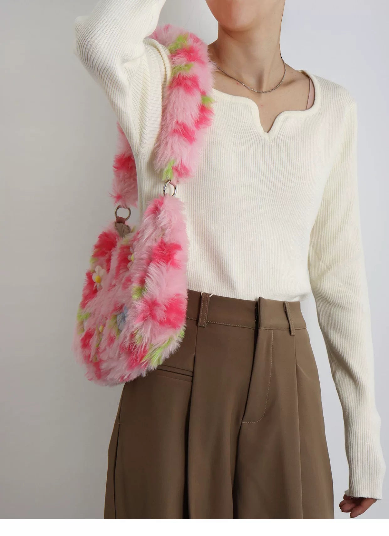 Fuzzy Y2K Floral & Bow Shoulder Bag |  | Three Fleas