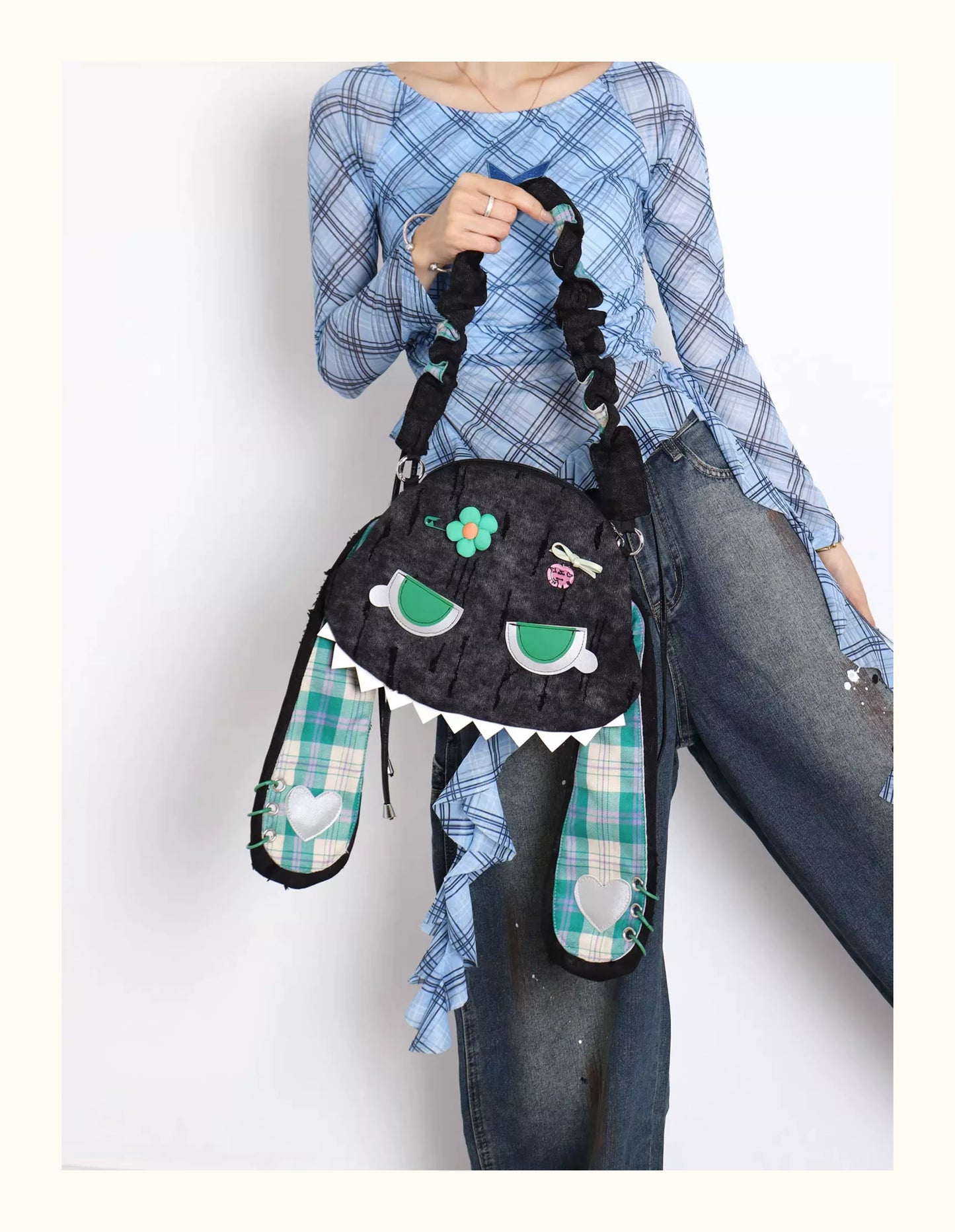 Grunge Plaid Bunny Crossbody Bag | Bag | Three Fleas