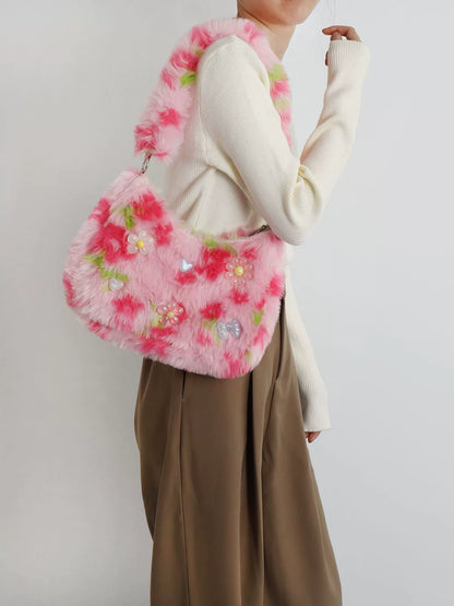 Fuzzy Y2K Floral & Bow Shoulder Bag |  | Three Fleas