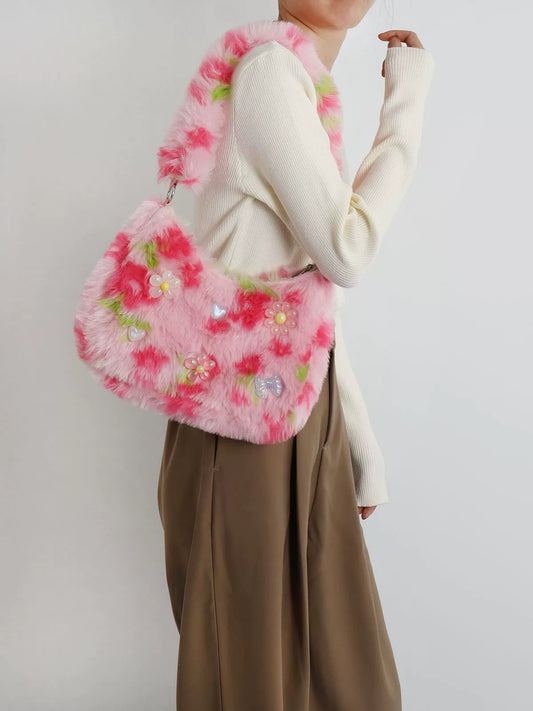 Fuzzy Y2K Floral & Bow Shoulder Bag |  | Three Fleas