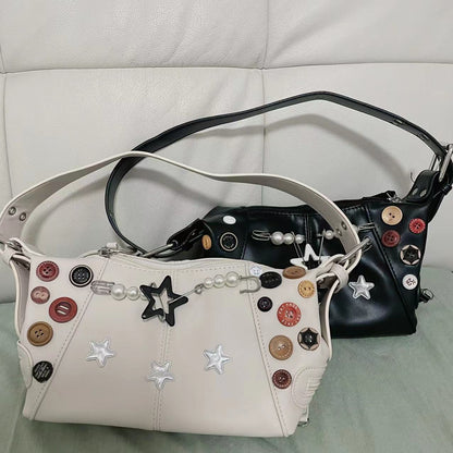 Retro Button Star Pin Shoulder Bag