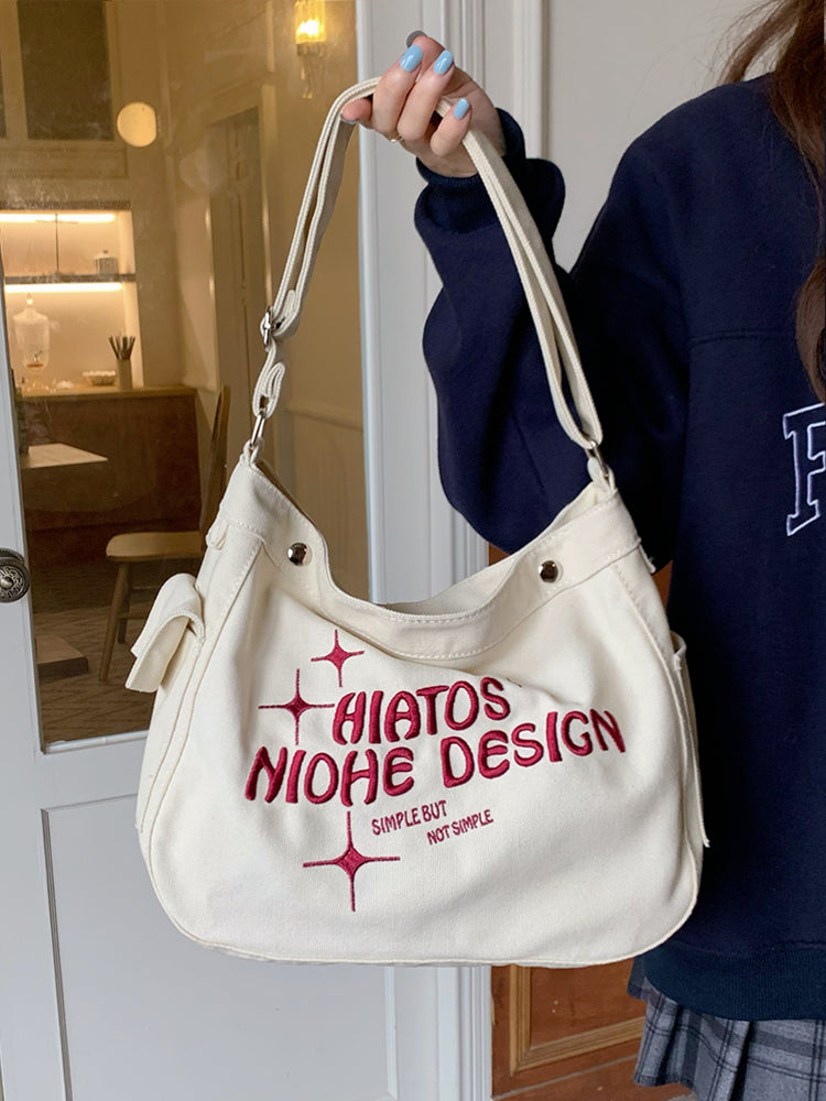 Red Text Embroidery Large Crossbody Shoulder Bag