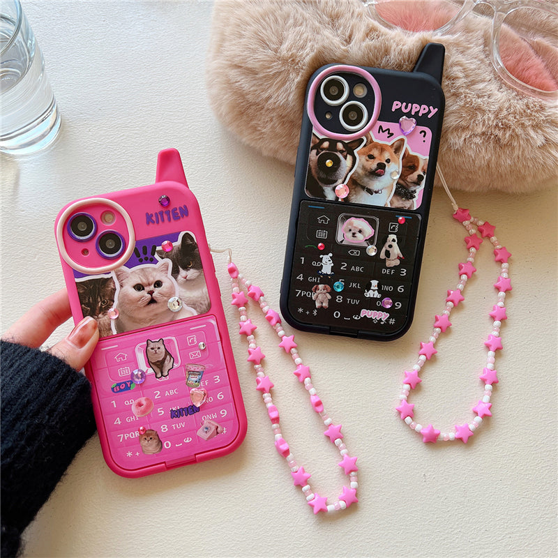 [ Meme Case ] Retro Phone Shape Kitty Puppy Flip Mirror Case