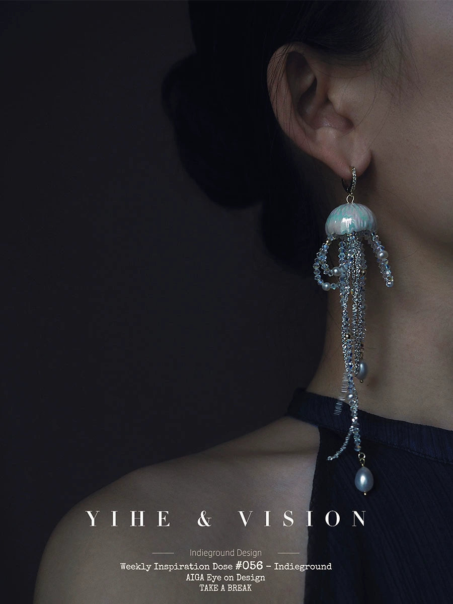 Ceramic Crystal Pearl Jellyfish Dangle Earring