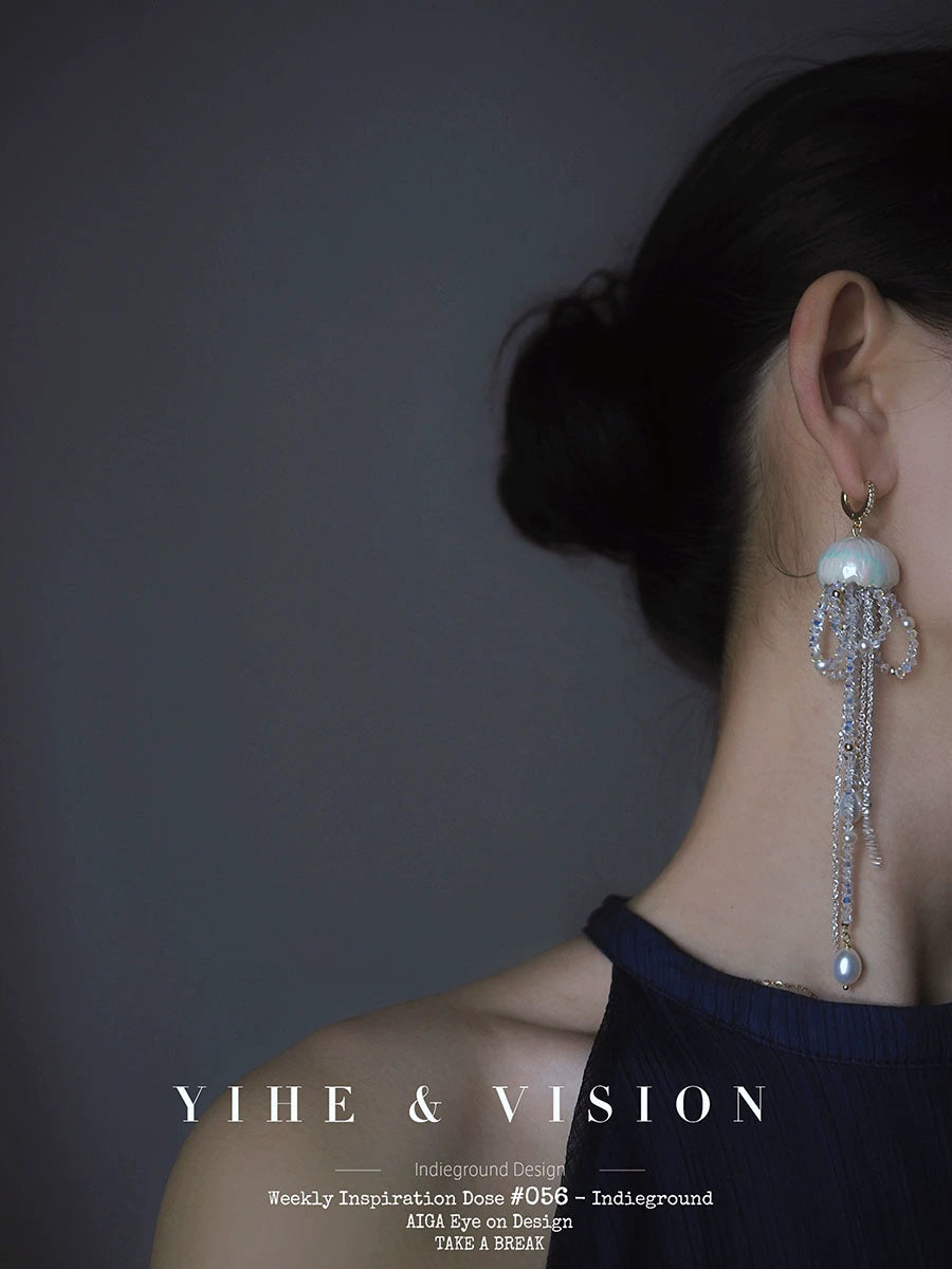 Ceramic Crystal Pearl Jellyfish Dangle Earring
