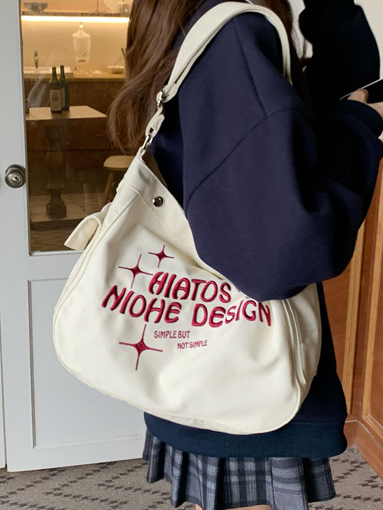 Red Text Embroidery Large Crossbody Shoulder Bag