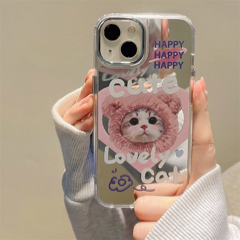 [ Meme Case ] Happy cute lovely cat mirror case | phone accessories | Three Fleas