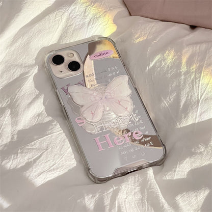 Pink slogan mirror phone case with butterfly stand