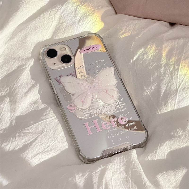 Pink slogan mirror phone case with butterfly stand | Three Fleas